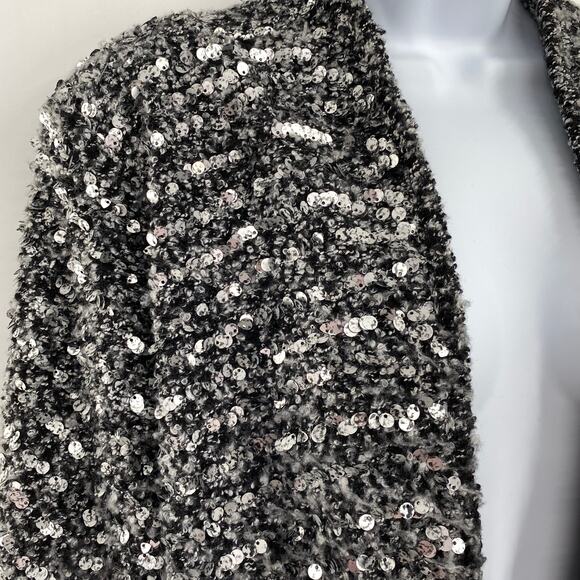 H&M Black Silver Sequin Oversize Textured Long Sleeve Open Front Lined Jacket M - Picture 6 of 13